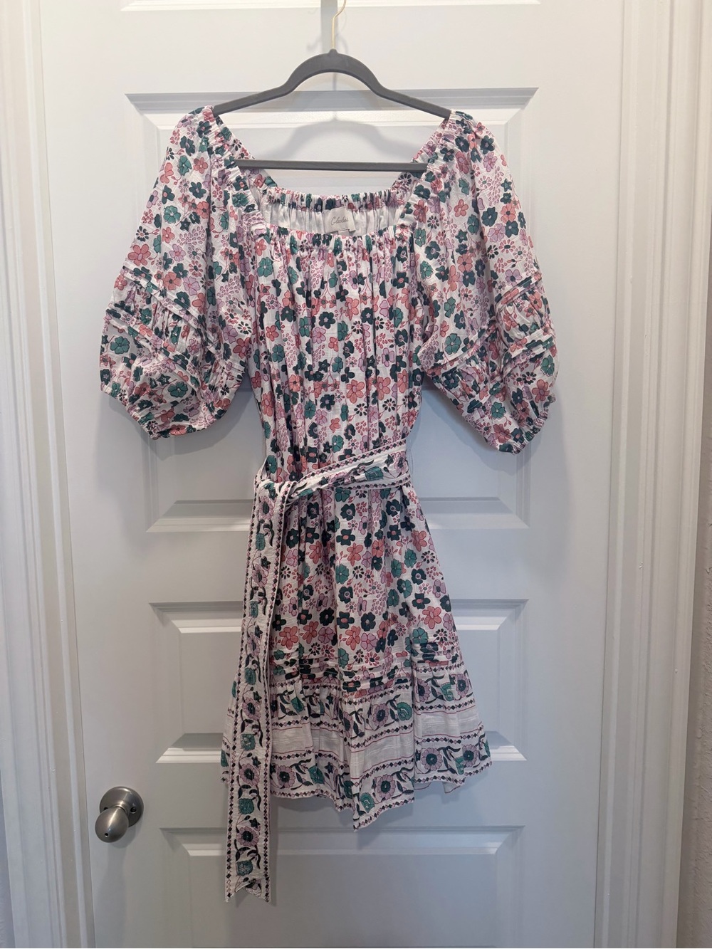 Cleobella Pink Floral Midi Dress with Teal and Coral Motifs
